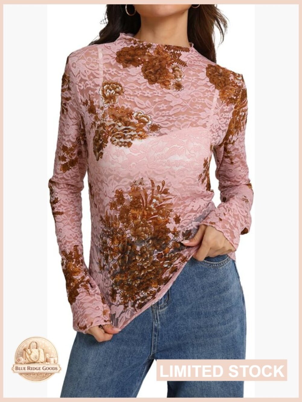 Women’s Pink Lace Floral Long-Sleeve Top